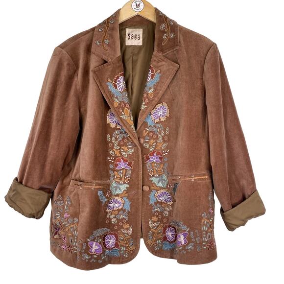 Vintage Saga Velvet Floral Embroidered Blazer Sz 12 Tan Southwestern Boho Retro - Picture 2 of 9